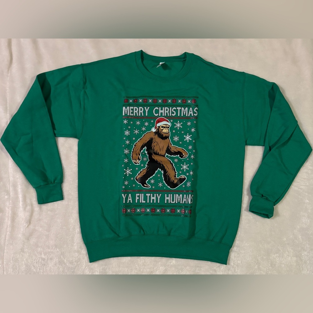 Wild Bobby “Merry Christmas Ya Filthy Humans” Ugly Christmas Sweatshirt Unisex L